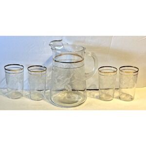 Set of (5) Vintage MCM Bartlett Collins Tumblers/ Pitcher Grape Leaf‎ Gold Trim